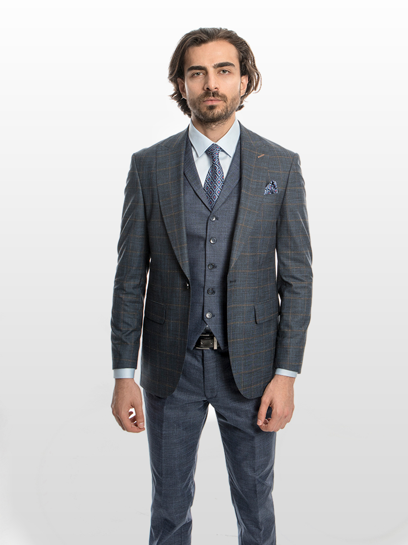 one-button-peak-lapel-navy-blue-checked-combination-flap-pocket-3-piece-men-suit-11b