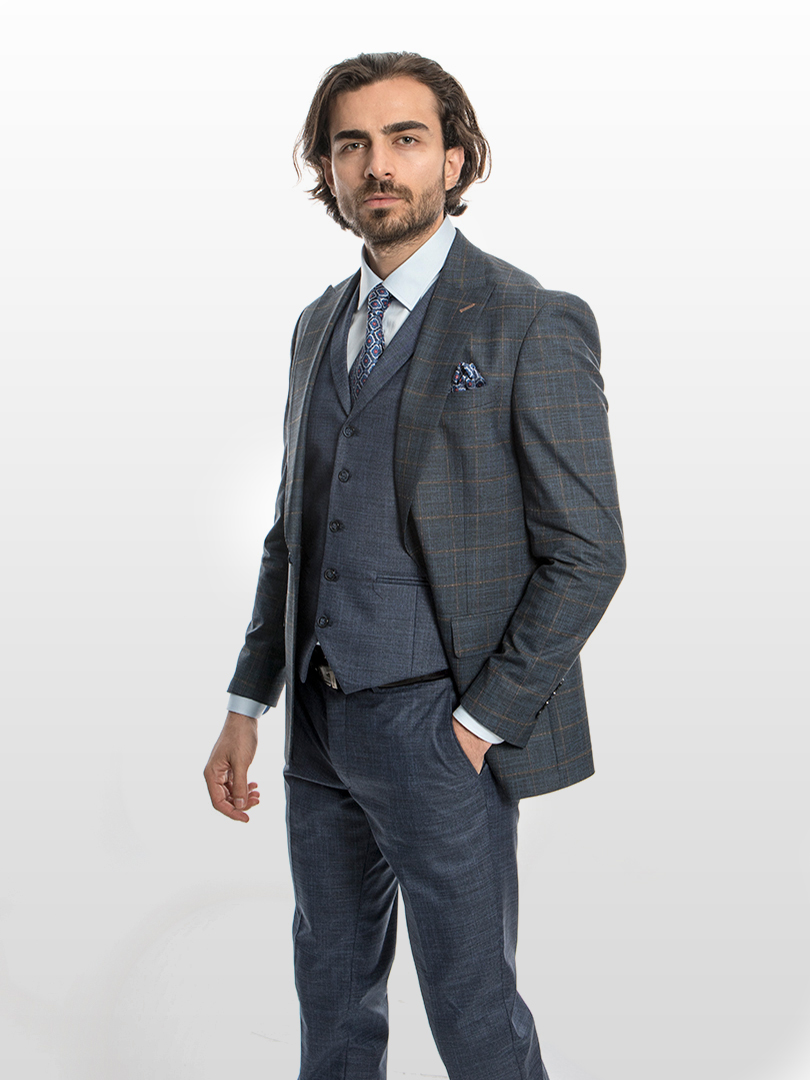one-button-peak-lapel-navy-blue-checked-combination-flap-pocket-3-piece-men-suit-11c